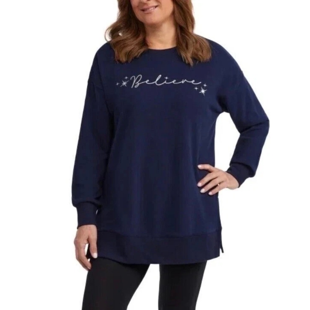 Teddi Rose Womens Navy Believe Holiday Graphic Sweatshirt Star Silver XL NEW